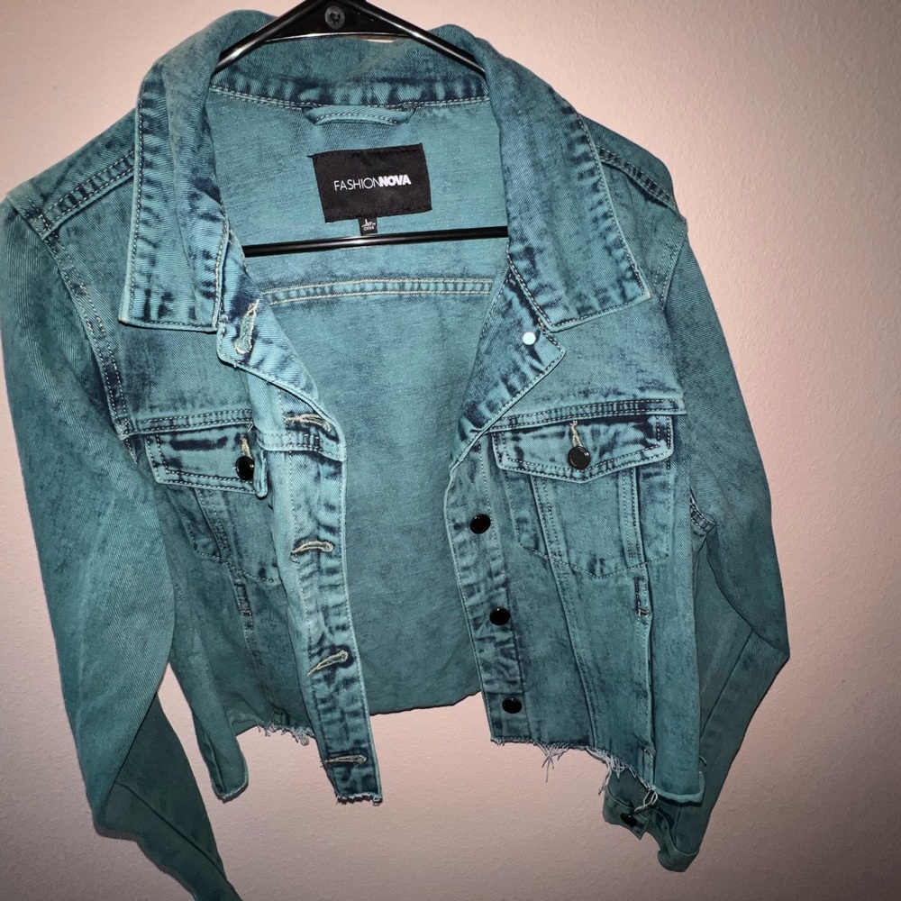 FashionNova blue green jean jacket